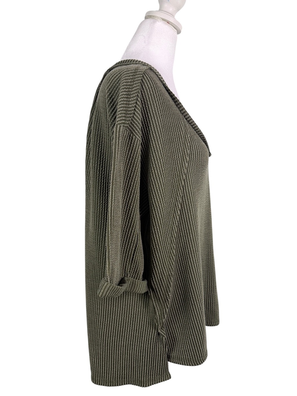 Zenana Outfitters Oversized Olive V-Neck Ribbed Knit Pullover Top size S-M Boho - Picture 2 of 10